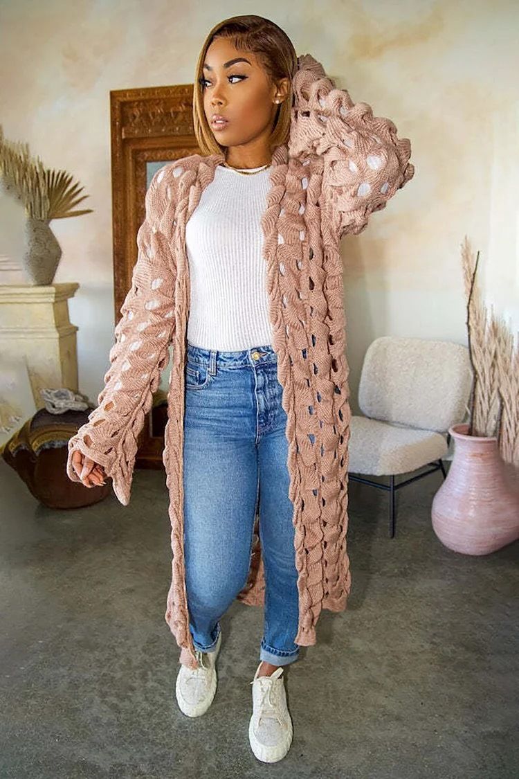 Women's Clothing Hand-Crochet Lace Longline Cardigan – Oversized Boho Knit Sweater With Distressed Detailing, Y2K Grunge Aesthetic For Women_ecoleips.com