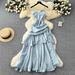 French Goddess Style Women's Dress Strapless Halter Square Neck Pleated Waist Ruffled Hem_ecoleips.com