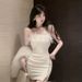 Strapless Dress Women Feather Collar Beaded Slit Birthday Party Wrapped Dresses_ecoleips.com