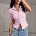Women's V-Neck Stripe Short Sleeve Shirt Summer Casual Stretch Polyester Spandex Blouse Comfortable Breathable Tops for Office Daily Wear_ecoleips.com
