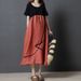 Summer Korean Style Loose Plus Size Women's Fashion Cotton Linen Color Block Round Neck Dress_ecoleips.com