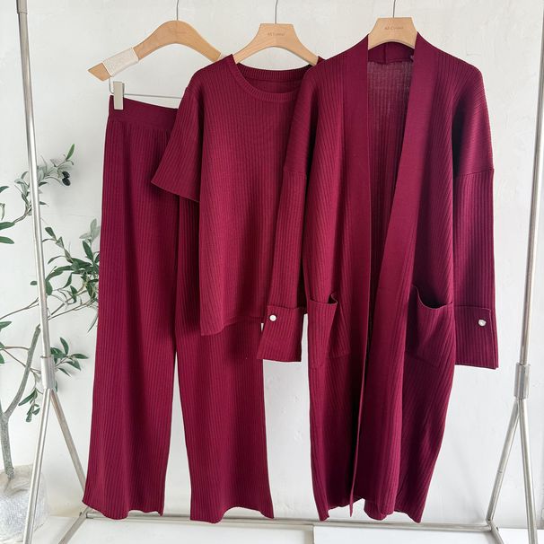 Women's Three Piece Knitted Suit Temperament Cardigan Coat mid Length with Wide Leg Pants Autumn Winter Trendy Set_ecoleips.com