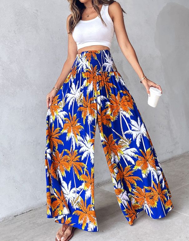 Women's Clothing Retro Floral Print Waist Wide Leg Pants_ecoleips.com