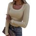 New Thread Groove Strip Slim Fit Long Sleeved Sexy U-neck Casual Women's T-shirt_ecoleips.com