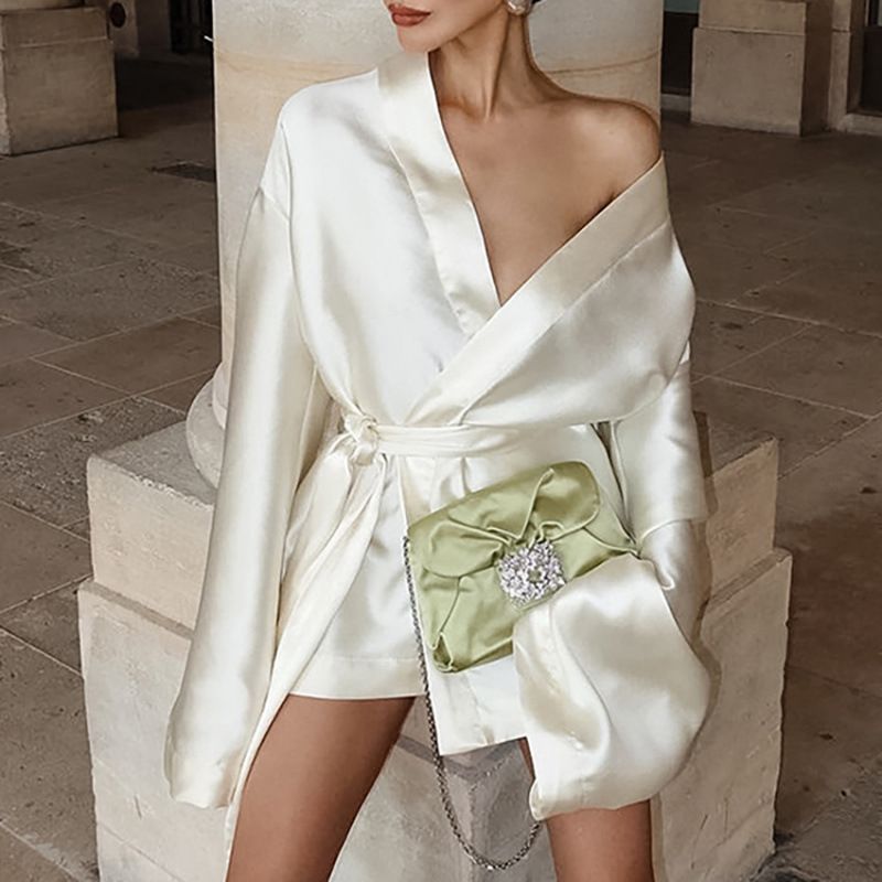 French-Style Niche V-Neck Satin Long-Sleeved Dress With Ties, Exuding Sophistication And Elegance For Women_ecoleips.com