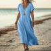 European And American Loose Solid Color V-neck Cotton And Linen Women's Dress_ecoleips.com