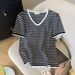 Women's Clothing Summer Style Women's T-Shirt V Neck Striped Short Sleeve Ice Silk Knit Fashionable Top For Ladies_ecoleips.com