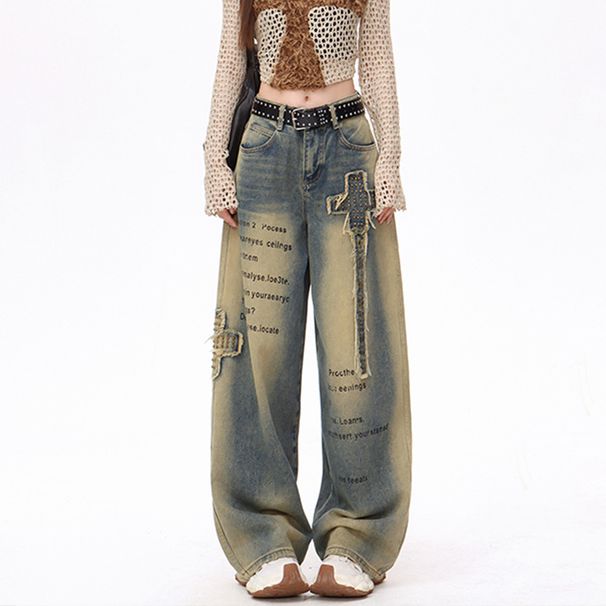 Retro Washed Distressed Rivet Ripped Straight Leg Jeans Men Women Street Style Loose Fit Slimming Wide Leg Trousers Casual Cotton_ecoleips.com