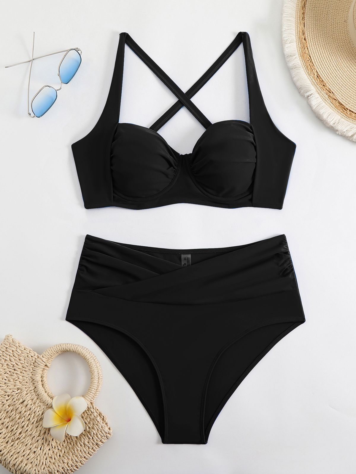 Women's Clothing High Waisted Thickened Two Piece Swimsuit Solid Color Sexy Bikini Tummy Concealing European American Hard Pack Swimwear_ecoleips.com