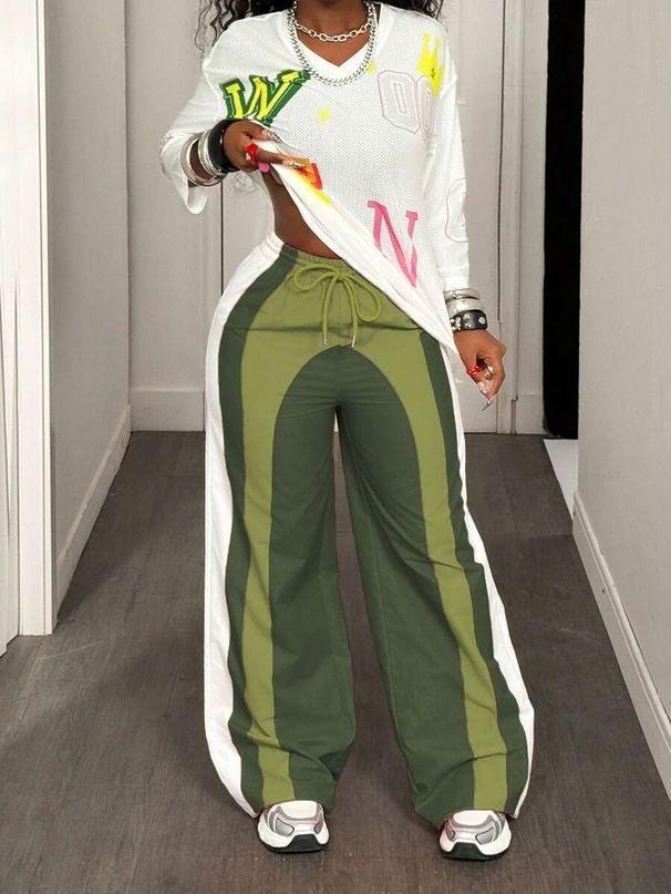Summer High-Waisted Wide Leg Pants For Women Color-Block Striped Drawstring Casual Sports Trousers_ecoleips.com