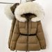 Women's Long Puffer Coat With Detachable Hooded Fur Trim, 86-90% White Duck Down, Warm Winter Jacket For Commuting & Casual_ecoleips.com