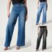 Women's Clothing Wide Leg Mid Waist High Elastic Waist Washed Jeans_ecoleips.com