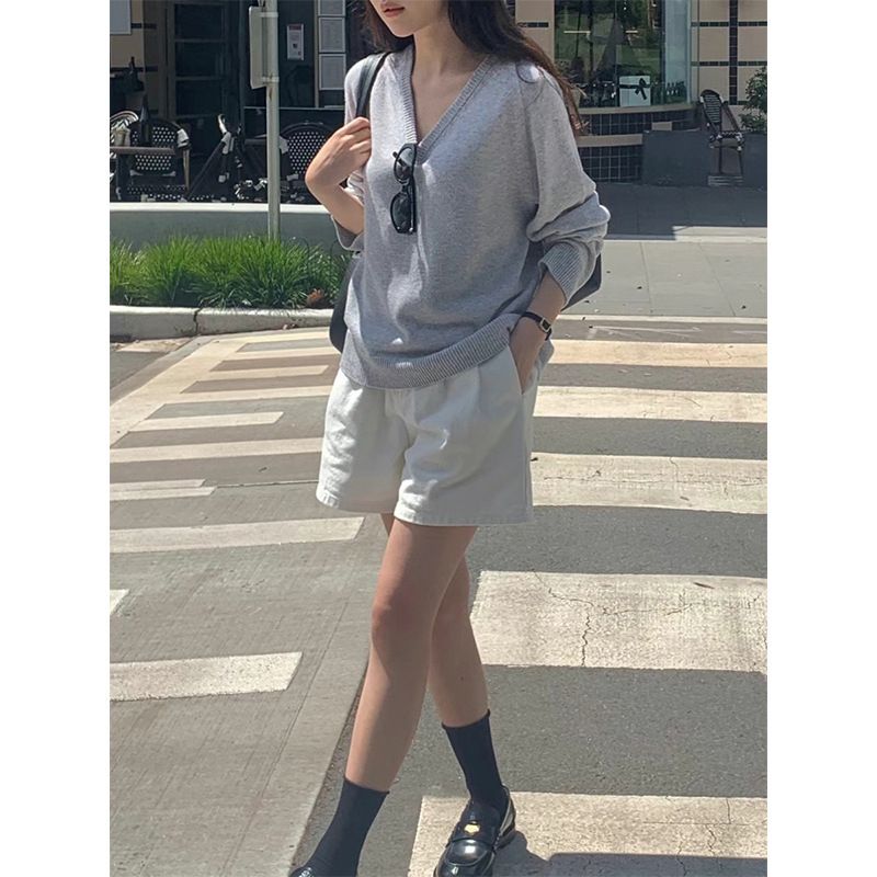 In Stock, White Pleated Loose Denim Shorts For Women, 2025 Summer Korean Style Ins Simple Casual Pants Vergam*t_ecoleips.com