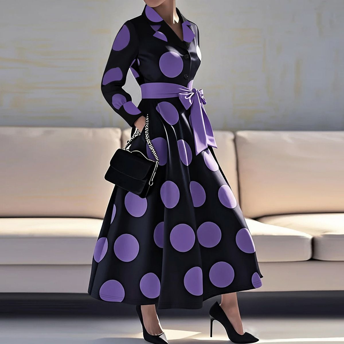 Women's V-Neck Long Sleeve Floral Dress – Elegant Printed Midi Dress For Spring & Fall (Violet, S-XXL)_ecoleips.com