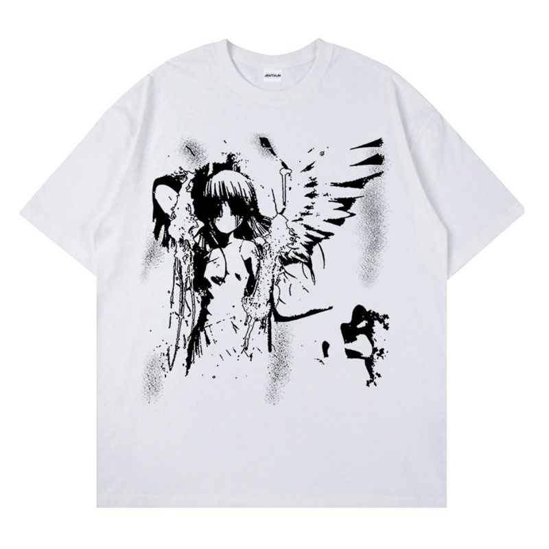 Retro Angel Print Short-sleeved Women T-shirt Summer Harajuku Casual Loose Cotton Oversize Women's T-shirts Female Clothing_ecoleips.com