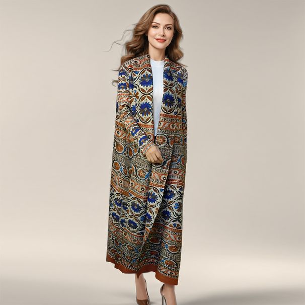 Women's New Printed Robe Long Sleeve Muslim Cardigan Dress_ecoleips.com