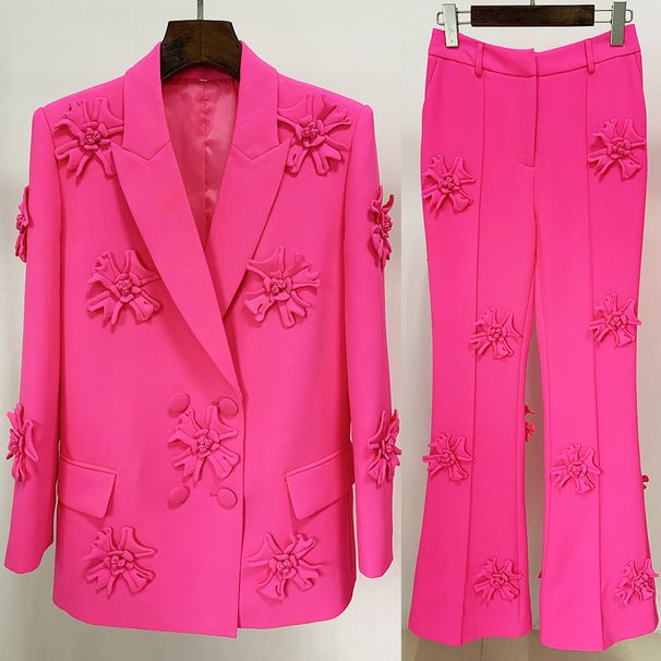 Women's Clothing Heavy Duty Three Dimensional Flower Elegant Double-Breasted Suit Set With 3D Floral Embroidery - Matching Blazer & Trousers_ecoleips.com