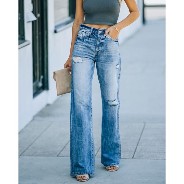 Women's Clothing Jeans Women's Fashion Washed Ripped Holes Slimming Wide Leg Denim Trousers_ecoleips.com
