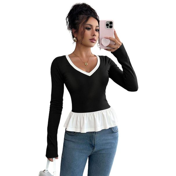 Voya Women's Spring/Summer Color Match Splicing Two Piece Lace Long Sleeve Top Design Sense Slim Fit Round Neck Bottom T-shirt_ecoleips.com