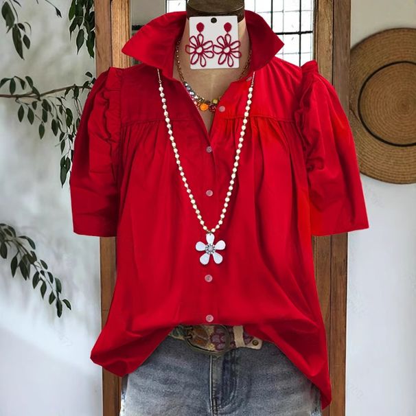 2025 Spring/Summer New Women's Simple Versatile Loose Fit Pleated Half Sleeve Shirt_ecoleips.com