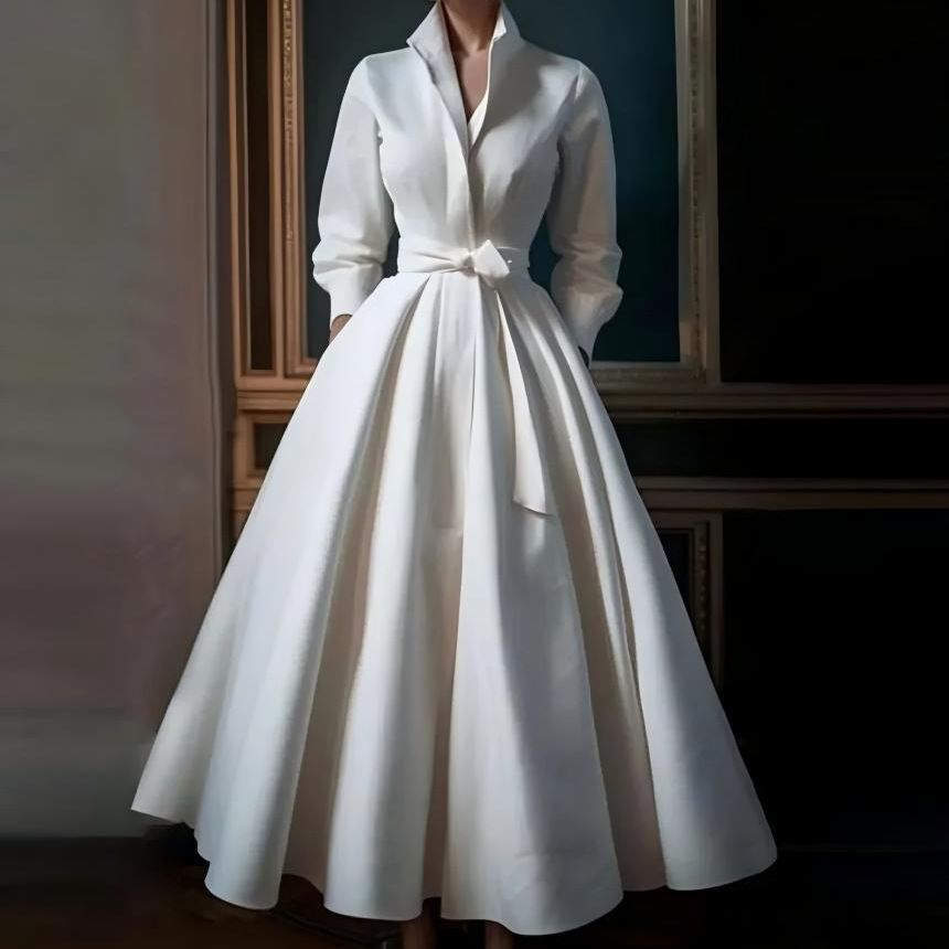 Women's Clothing Light Wedding Dress Bride Retro Simple Forest Style Stand Collar Long Style Temperament V Neck Going Out Evening Dress Female_ecoleips.com