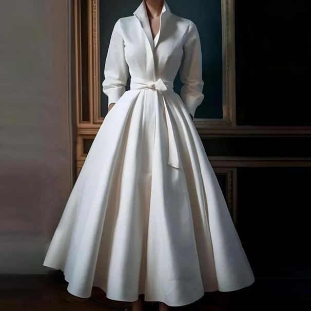 Women's Clothing Light Wedding Dress Bride Retro Simple Forest Style Stand Collar Long Style Temperament V Neck Going Out Evening Dress Female_ecoleips.com