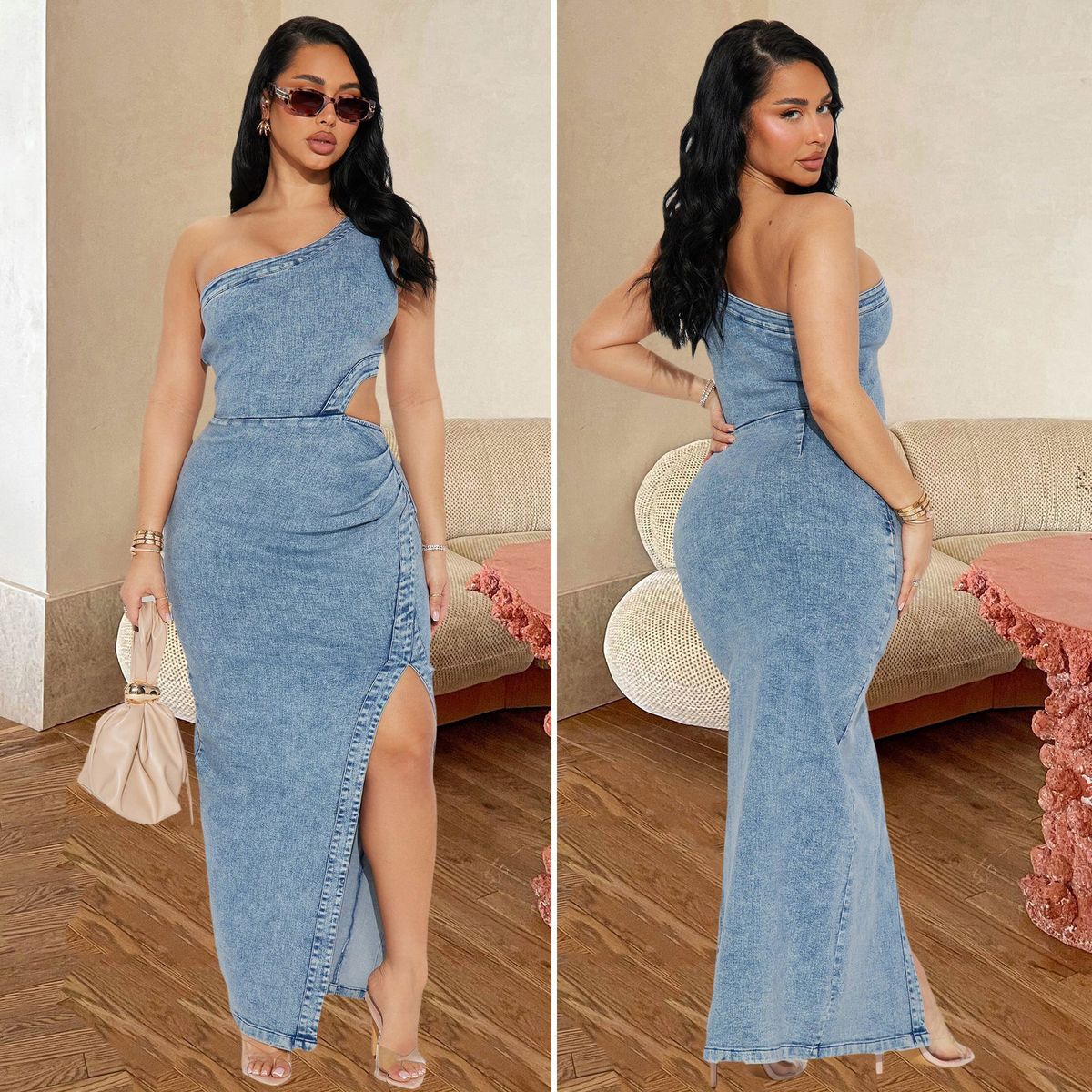 Slim Fit Off-Shoulder Sleeveless Backless Denim Dress for Women Sexy Elastic European And American Style Cross-Border Design 8602_ecoleips.com