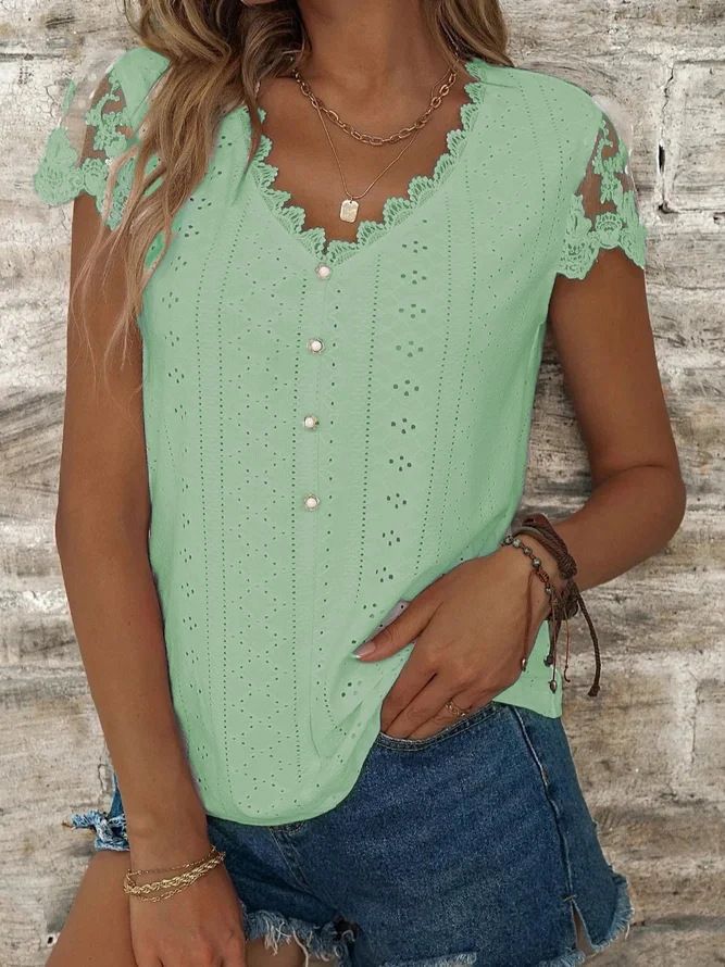 Women's American Style Lace T-Shirt Loose Fit Solid Color V Neck Short Sleeve Top For Spring Summer_ecoleips.com