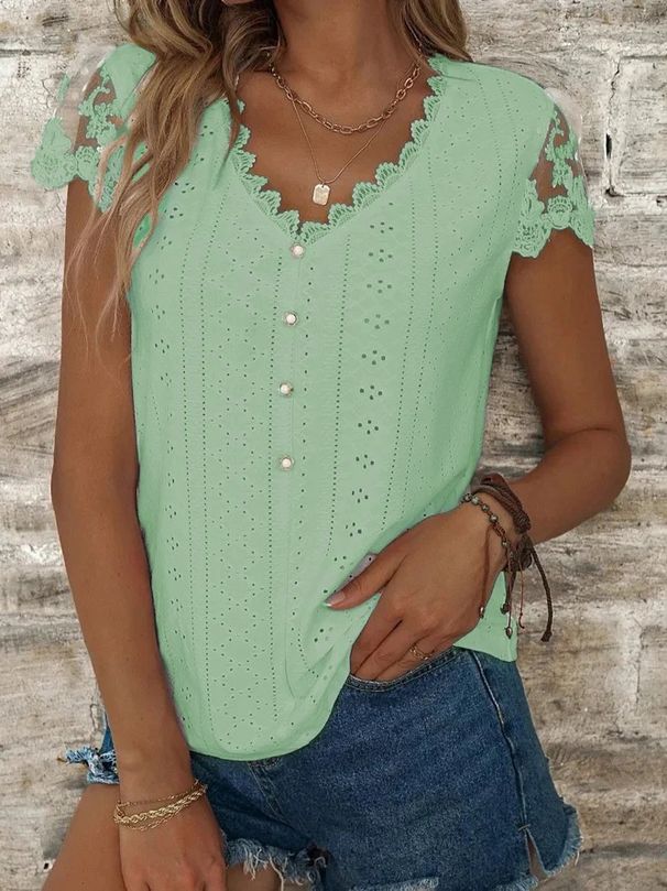 Women's American Style Lace T-Shirt Loose Fit Solid Color V Neck Short Sleeve Top For Spring Summer_ecoleips.com