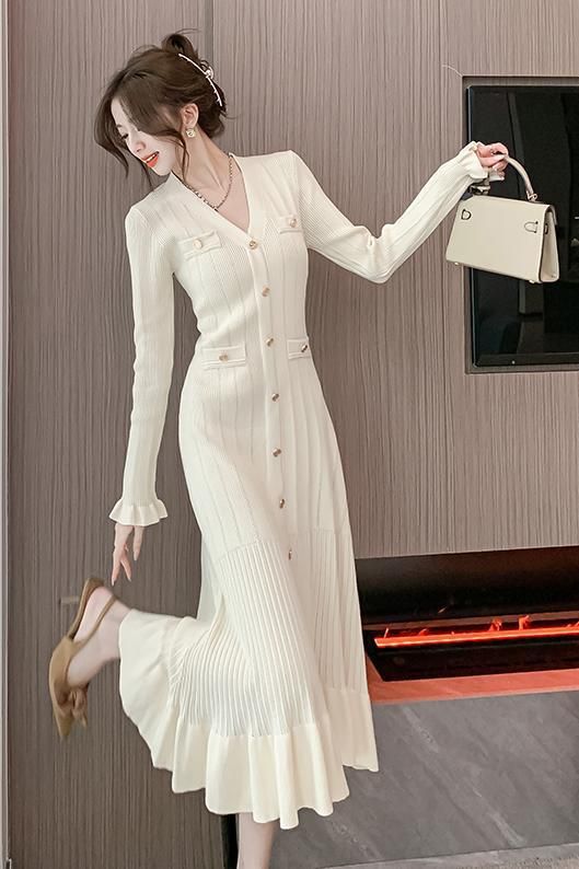 Women's Elegant Sweater Dress Autumn Winter Short Sleeve Long Sleeve Fishtail Maxi Modified Dress_ecoleips.com
