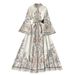 Women's Clothing Spring New Style Retro Printed Round Neck Bell Sleeve Dress Women's Single Breasted Large Hem Irregular Pleated Long Skirt_ecoleips.com