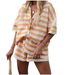 Women's Striped Knit 2 Piece Outfit, Hollow Out Short Sleeve Polo Neck Top & Elastic Waist Shorts Set, Casual Loose Summer Loungewear For Daily Beach_ecoleips.com