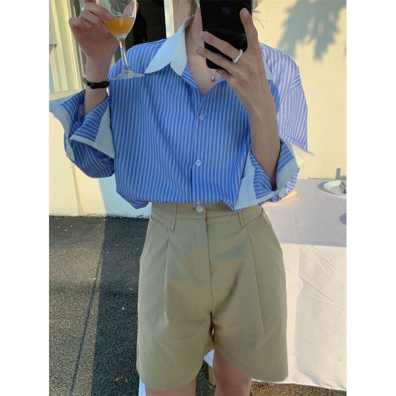Women's Loose Casual Color Block Top Korean Style Collared Blue And White Striped Outerwear Shirt Autumn New_ecoleips.com