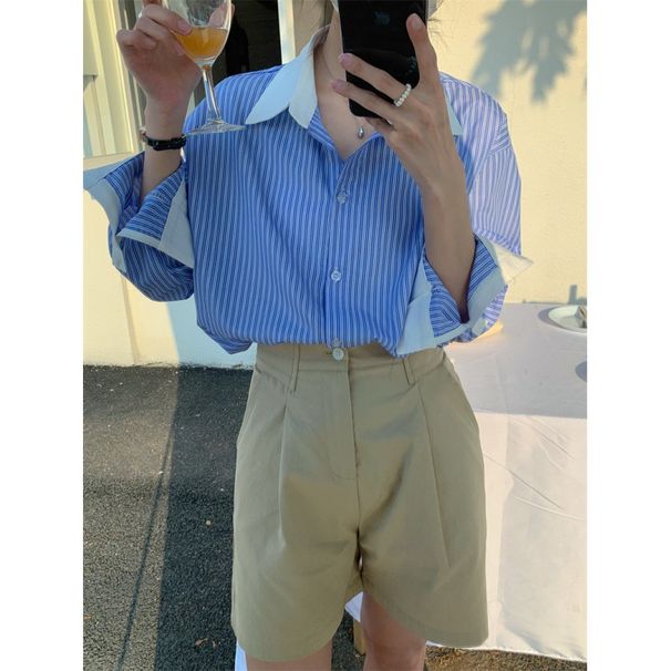 Women's Loose Casual Color Block Top Korean Style Collared Blue And White Striped Outerwear Shirt Autumn New_ecoleips.com