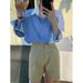 Women's Loose Casual Color Block Top Korean Style Collared Blue And White Striped Outerwear Shirt Autumn New_ecoleips.com