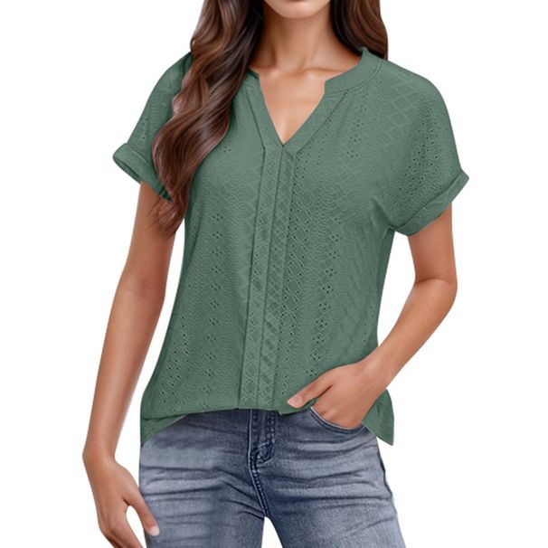 Women's Clothing New V Neck Loose Women's Shoulder Sleeve Hollow Short Sleeved T Shirt Female_ecoleips.com