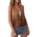 Women's Boho Fringe Vest Sleeveless Open Front Cardigan Casual Hippie Style Layering Piece in Caramel_ecoleips.com