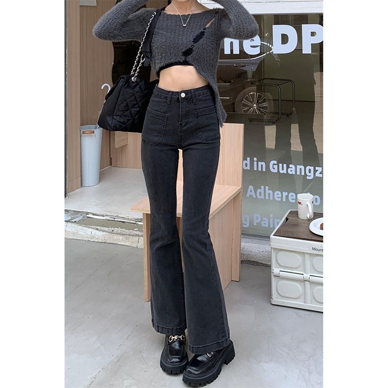 retro Denim Flared Pants For Women, High-waisted, Slim-fit, Straight-leg Black Trousers, European And American Style_ecoleips.com