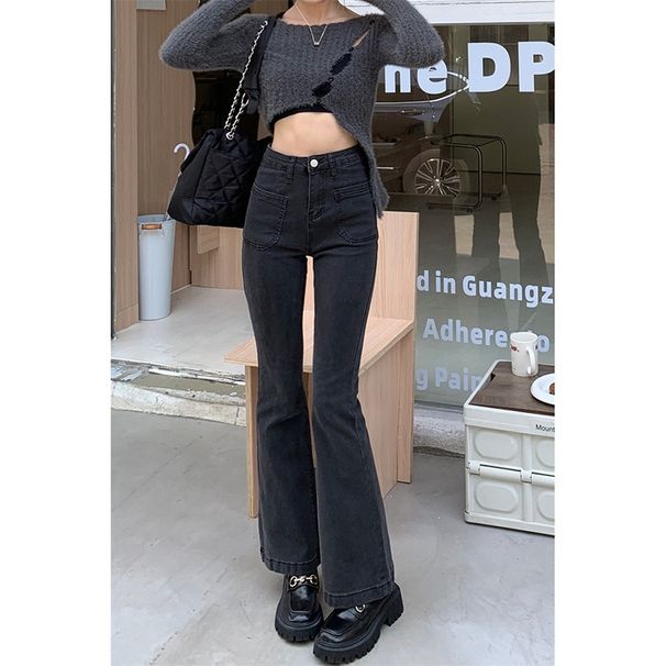 retro Denim Flared Pants For Women, High-waisted, Slim-fit, Straight-leg Black Trousers, European And American Style_ecoleips.com