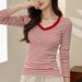 2025 #Selection Of Pure Cotton # Striped V-Neck Long Sleeved T-Shirt For Women In Autumn 2025, New Stylish Slim Fit Versatile_ecoleips.com