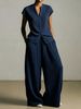 Women's Casual V Neck Pleated Textured Two Piece Set High Waisted Independent Website Bestselling Summer Pant Ensemble_ecoleips.com