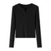 K2301V Neck Bottoming Shirt Women's Early Autumn Winter Threaded Slim-fitting T-shirt With Temperament Spice Girl Long-sleeved Top_ecoleips.com