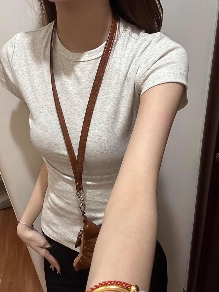 Front Shoulder Short Sleeve Women's Summer Slim Spice Girl Bottom Top Skinny Top Crew Neck Grey T-Shirt_ecoleips.com
