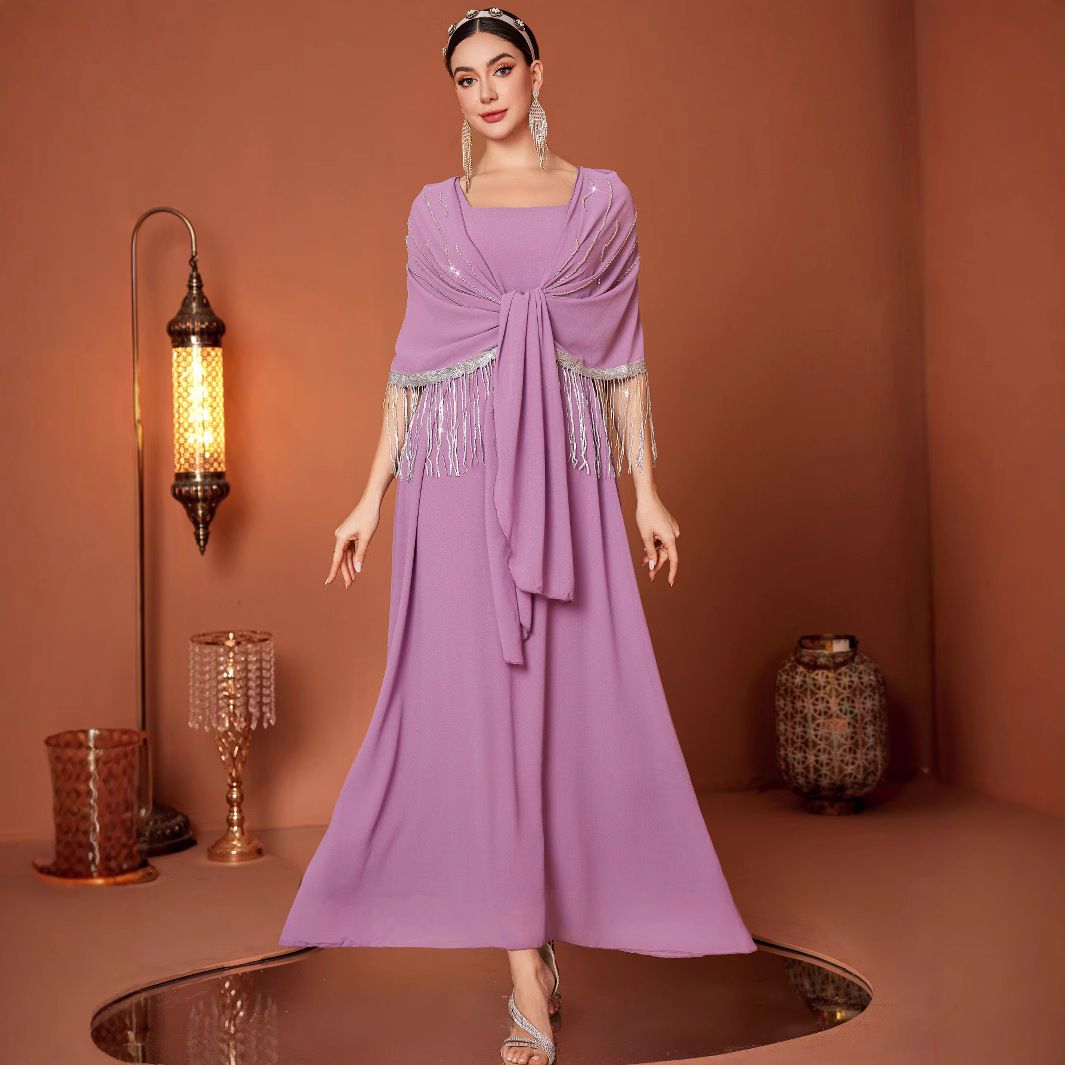 Modest Abaya Dress/Muslim Dress Women Elegant Evening Dress With Starry Sequins & Silver Thread Fringe – Two-Piece Style Long Robe In Pink-Purple_ecoleips.com