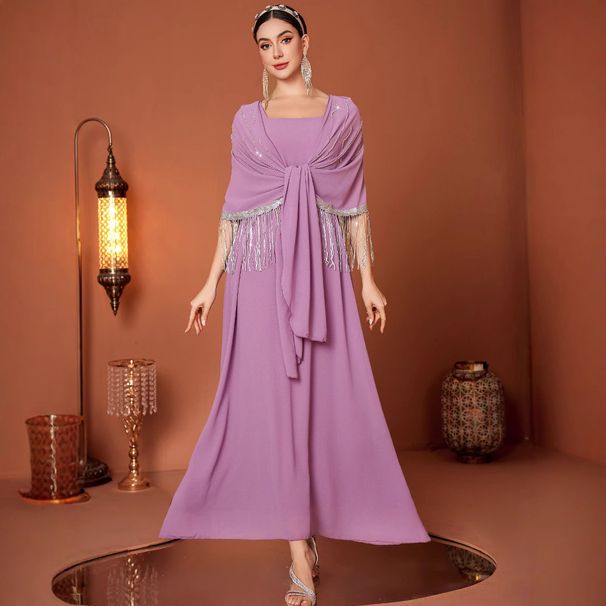 Modest Abaya Dress/Muslim Dress Women Elegant Evening Dress With Starry Sequins & Silver Thread Fringe – Two-Piece Style Long Robe In Pink-Purple_ecoleips.com