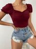 fashion Square Collar Slim Lace Short-sleeved Short T-shirt Pleated Design Pure Color Top_ecoleips.com