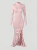 Women MockNeck Long Sleeve Lace Panel Pink Ruffle Slit Mermaid Maxi Dress Elegant Formal Summer Romantic Wedding Guest Slim Dres_ecoleips.com