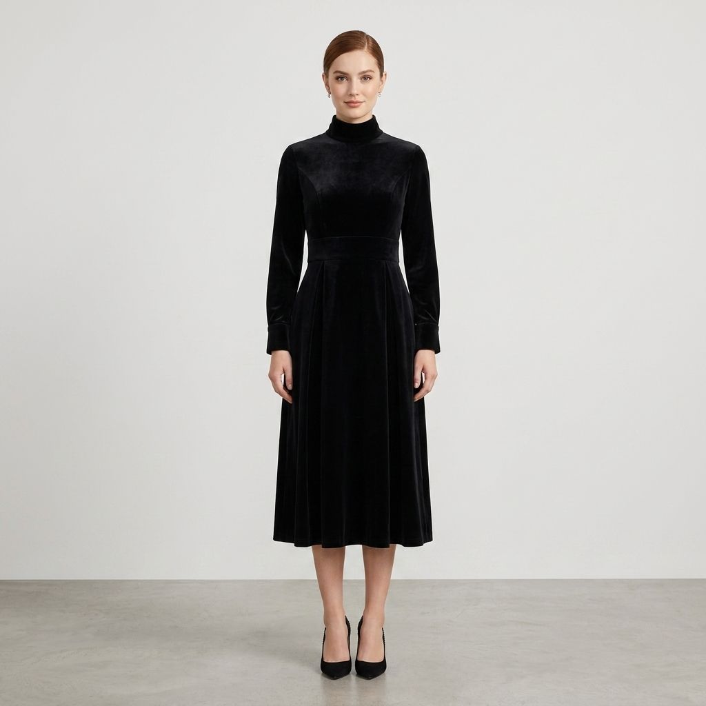 Freeacy Women's Elegant Black Velvet Turtleneck Long Sleeve A-Line Midi Dress Formal Evening Party Swing Dress For Banquet_ecoleips.com