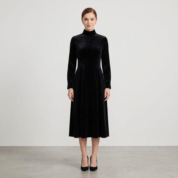 Freeacy Women's Elegant Black Velvet Turtleneck Long Sleeve A-Line Midi Dress Formal Evening Party Swing Dress For Banquet_ecoleips.com