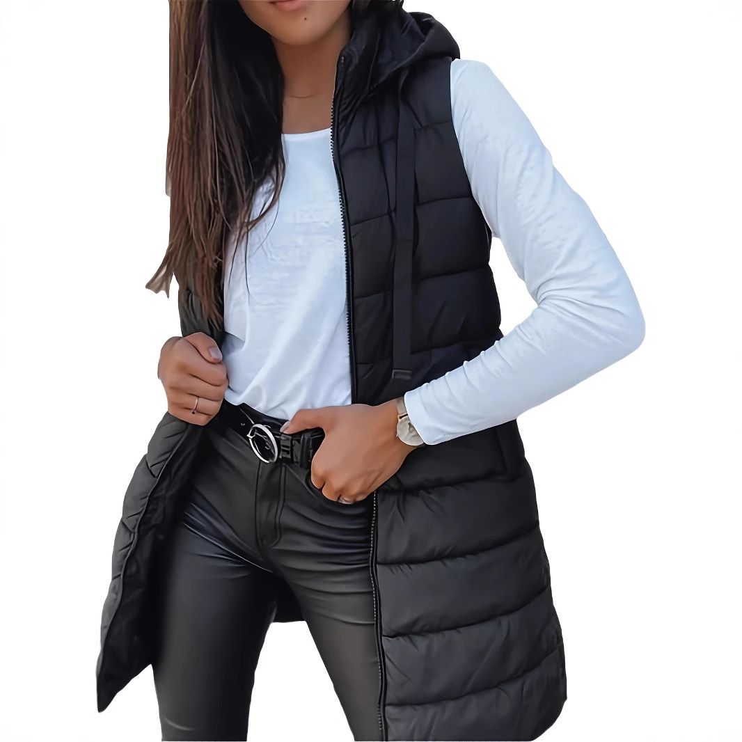 K Solid Color Hooded Zipper Vest Coat For Women; Medium-long Length; Plus Size_ecoleips.com